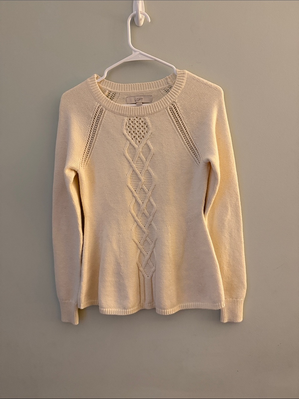 LOFT Cream Cable-Front Crewneck Sweater